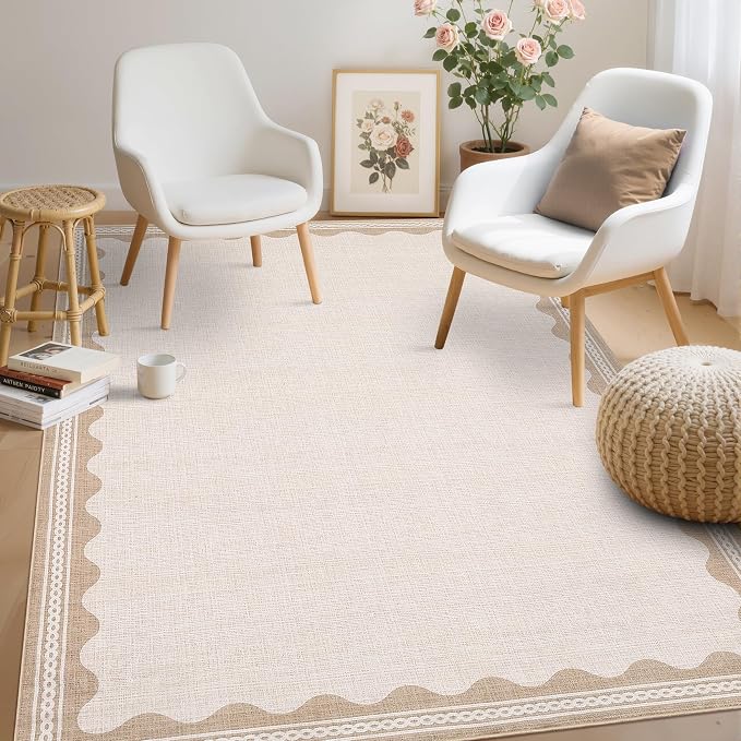 GarveeHome Scalloped 4x6 Rug Non-Slip Washable Low-Pile Carpet - Solid Beige Modern Rugs for Bedroom Living Room Nursery Kitchen Entryway Indoor Mat with Rubber Back