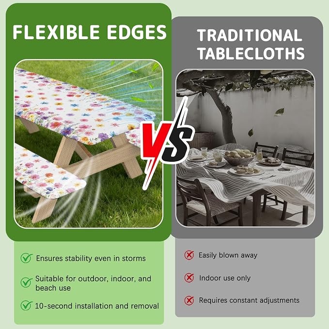 Flowers Picnic Table Cover with Bench Covers Elastic Edges, 3 Pcs Flowers Fitted Table Cover with Drawstring Bag, Waterproof Windproof Aesthetic Camping Tablecloth, Outdoor Camping Essentials 72 Inch