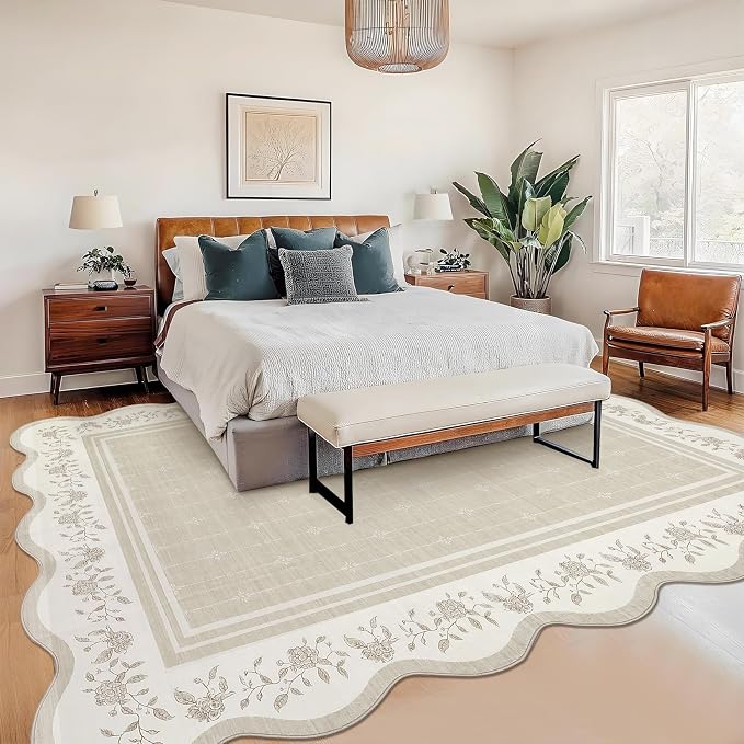 Garvee Scollaped Rugs for Living Room 5x7 Area Rugs for Bedroom Soft Beige | Non-Slip Low Pile Neutral Kids Rug Non-Shedding Bordered Nursery Carpet Foldable Thin Mat for Dining Room Kitchen Playroom