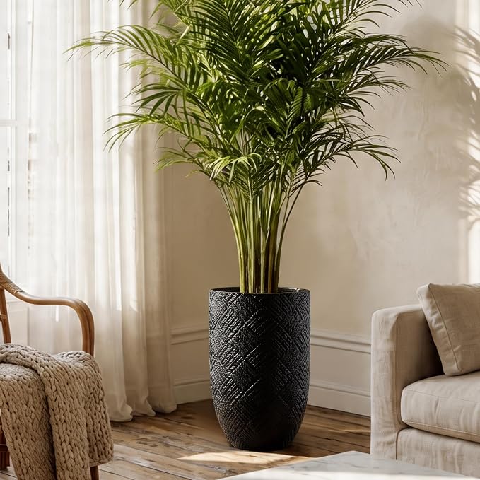 Oakrain 17.7" Tall Planter for Indoor Plants, Large Flower Pot with Handcrafted Herringbone Texture, Modern Floor Planter for Front Porch, Patio, Living Room, Black