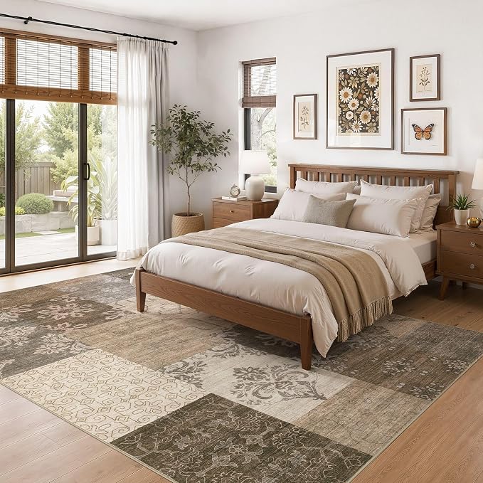 UERMEI 9x12 Area Rug for Living Room, Washable Brown Modern Geometric Patchwork Non Slip Stain Resistant Low Pile Foldable Carpet for Bedroom Dining Farmhouse Home Office