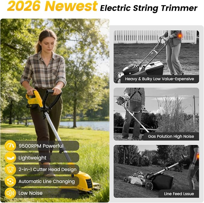 ALSO GO 21V Cordless Weed Wacker, Weed Eater Battery Powered with 2 x2.0Ah Batteries and 10 Spare Spools, 12''Grass Trimmer with Auto Line Feed, 2-in-1 Grass Trimmer& Edger Lawn Tool for Yard, Garden