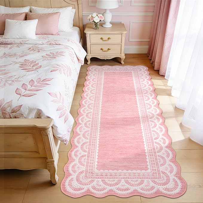 Garvee 2x6 Washable Scalloped Lace Runner Rug, Soft Rugs for Hallway Pink | Non Slip Entryway Rug, Scalloped Rug for College Playroom Kids Girls Room, Non-Shedding Low Pile Rugs Runner for Bedroom