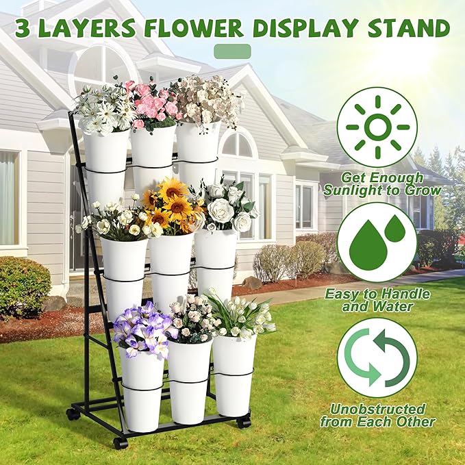 Invech Flower Display Stand with 9 Buckets and Wheels, 3 Tier Flower Cart Display Stand for Indoor Outdoor Garden, Wedding, Flower Shop (Black)