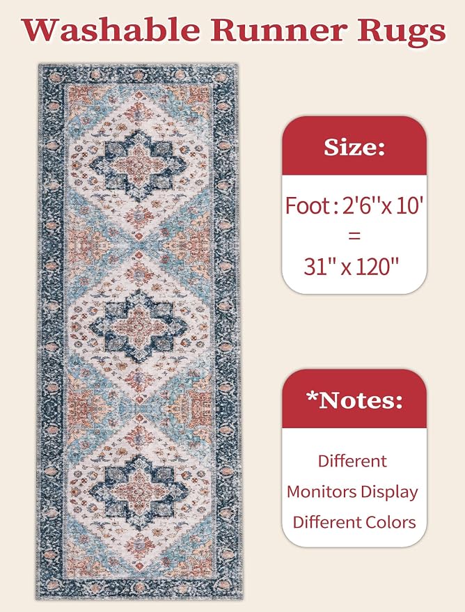 SERISSA 2'6"x10' Washable Non Slip Boho Runner Rug for Hallway，Blue Orange | Ultra Soft Vintage Oriental Carpet Low-Pile Tribal Floor Carpet for Kitchen Bedroom Bathroom Laundry Room