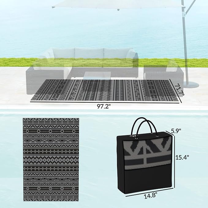 Outsunny Outdoor Rug for Patio, 6' x 9' Waterproof Large Mat, Reversible Plastic Straw Rug for Decor, Portable Outside RV Camping Area Carpet Mat for Backyard Porch Deck Picnic, Black Gray Geometric