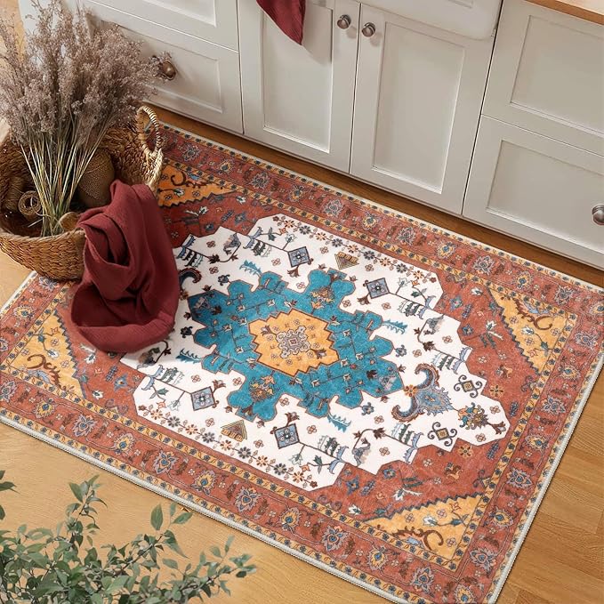 SERISSA 2x3 Washable Non Slip Boho Small Area Rug for Entryway，Orange | Ultra Soft Vintage Oriental Carpet Low-Pile Tribal Indoor Mat Floor Carpet for Entrance Bedroom Kitchen Bathroom