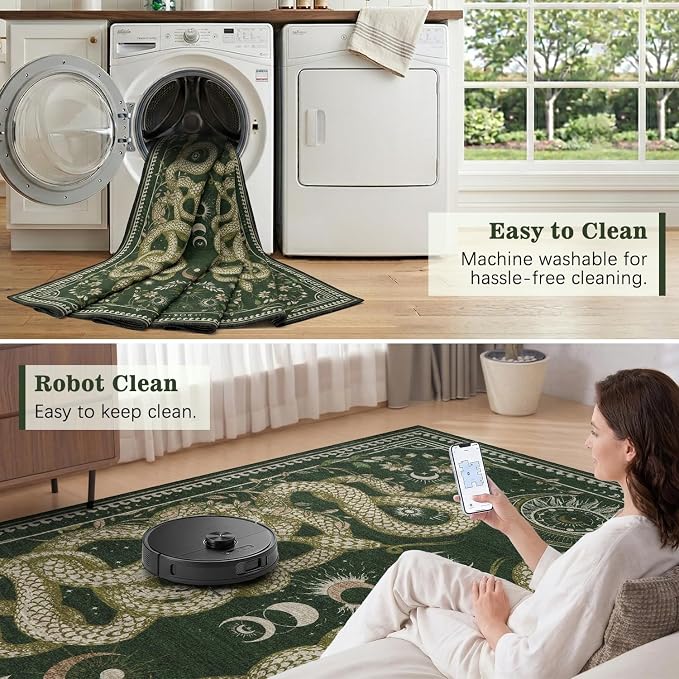 DCX 6x9 Washable Snake Rug for Living Room, Non Slip Low Pile Rug, Dark Green