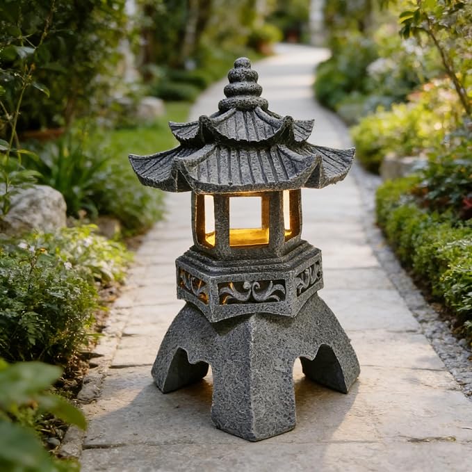 Solar Pagoda Lantern Garden Statue: Japanese Zen Lantern Garden Decor-LED Figurine Lamp Pagoda Statue Figurine for Home Table Outdoor Decor
