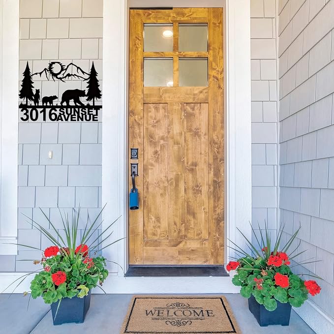 Metal Address Plaque,House Street Name and Numbers, Driveway Address Plaque with 3 Forest-Exploring Bears,Metal Address Sign for Front Door Porch Garden Patio Farm Gate