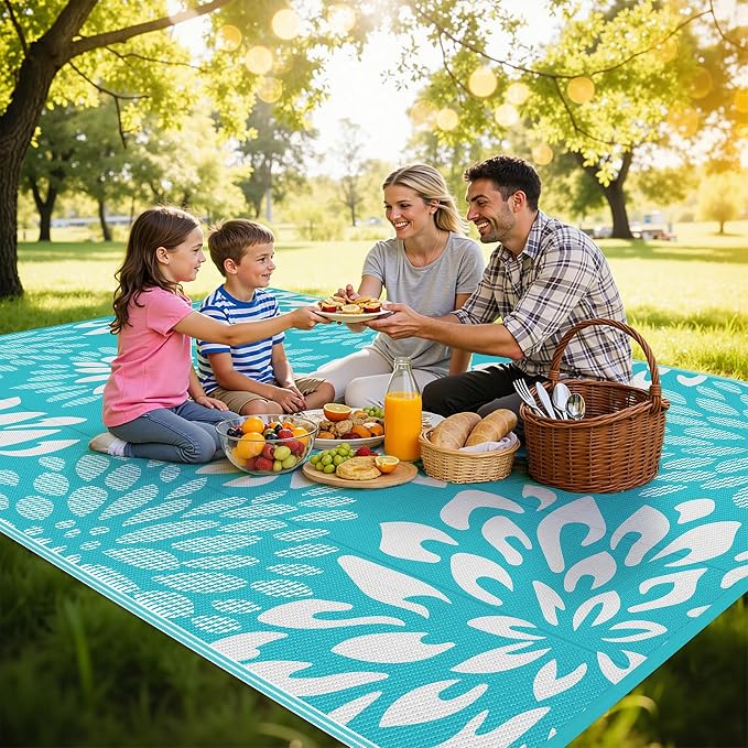 HEBE Waterproof Outdoor Rug 8x10 for Patios, Floral Reversible Plastic Straw Rug Patio Mat, Indoor Outdoor Carpet RV Mat Camping Rug for Deck, Camper, Porch, Balcony, Backyard, Picnic