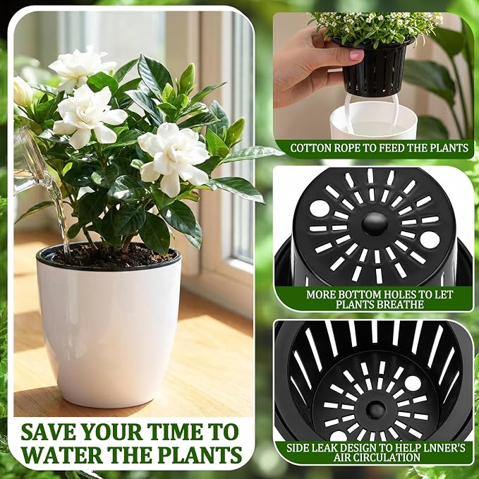 18 Pcs Self Watering Pots, 3.5 Inch Plastic Flower Plant Pot with Inner Pot Self Watering Wick Planter White Flower Pots for Indoor House Plants Herbs, Flowers, Succulents(White Black)