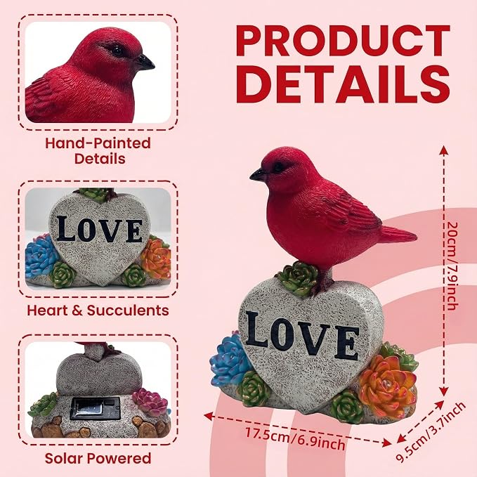 Solar Cardinal Decor Red Bird with Glowing Succulents Love Heart Stone Remembrance Garden Figurine Decor for Outdoor Yard Patio Lawn Sympathy Gifts for Mother Grandma Women Wife Sister