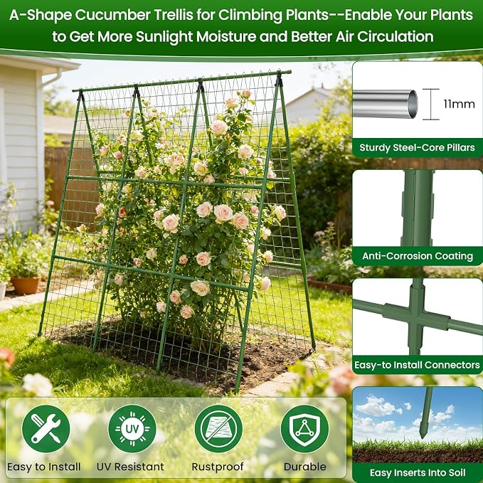 2 Pack Cucumber Trellis 48" L x 48" H, A-Frame Garden Trellis for Climbing Plants Outdoor, Vegetable Trellis for Raised Bed, Support for Squash Pea Zucchini Grape Flowers Tomato