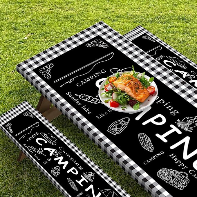 Picnic Table Cover with Bench Covers Elastic Edges, Black Camper Fitted Table Cover, Outdoor Patio Camping Essentials 72 Inch 3PCS, Waterproof Camping Fitted Tablecloth with Drawstring Bag