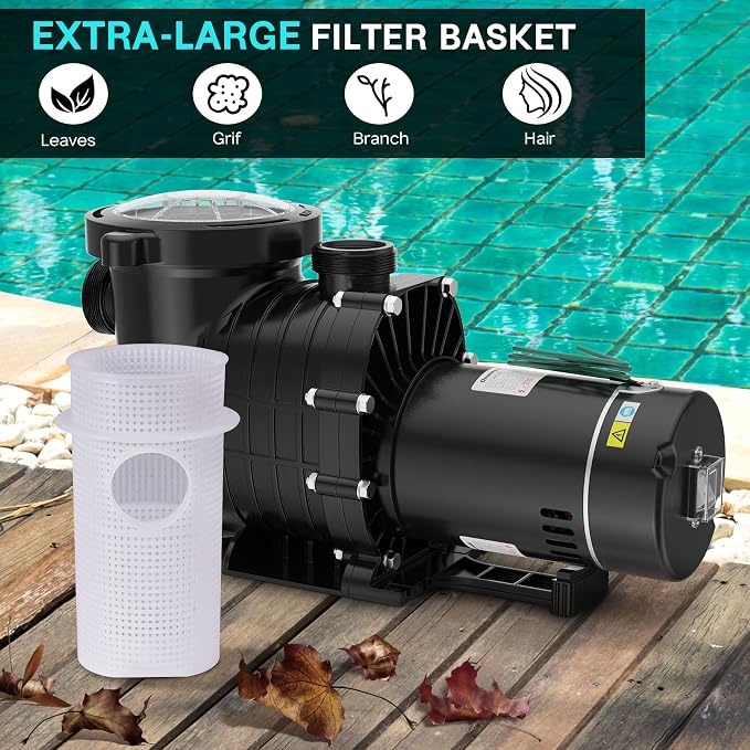 1.5HP Above/In Ground Pool Pump, 115V/230V 6600GPH Self Priming | High Flow Energy Efficient Pure Copper Motor, 1.5", 2", and 1.25"-1.5" Connectors, Strainer Basket & Drain Plug, Dual Voltage