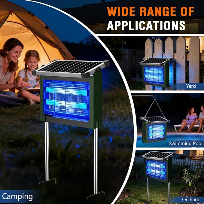 Solar Bug Zapper Outdoor Waterproof, 4500V Rechargeable Mosquito Zapper with Solar Panel Sensor, Auto ON/Off, 10ft Extension Cord & Solar Powered Bug Zapper, Cordless Insect Zap for Patio Yard Garden