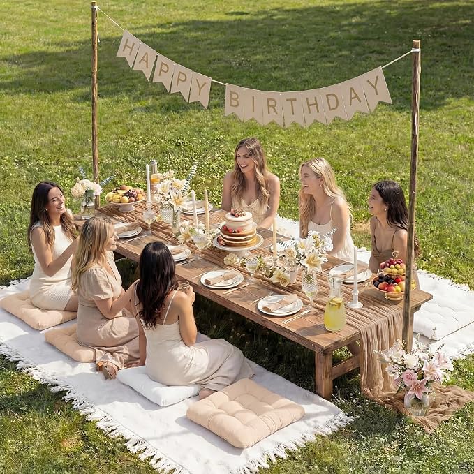 Extra Large Outdoor Picnic Blanket with Table Runner and Floor Pillow Cushion for Picnic Wedding Birthday Baby Shower Backyard Decor (91 x 71'',Brownish Beige,Light Camel, Light Beige,8 Pcs)