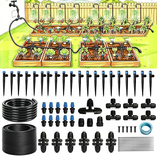 240FT Drip Irrigation System Kits, Quick-Connect Garden Watering System for Raised Bed, Potted Plants, Lawn, Greenhouse with 1/2 inch Hose 1/4 inch Tubing and Accessories