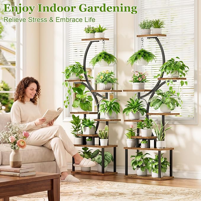 BACEKOLL Plant Stand Indoor with Grow Light - 2 Pack Tall Indoor Plant Shelf, 62" Corner Plant Holder, 8 Tiered Large S-Shape Flower Multiple Display Shelf for Home, Office