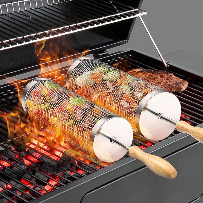Rolling BBQ Basket for Outdoor Grill, Grilling for Vegetable/Veggies 2pcs | Stainless Steel Roll Barbeque Basket with Handle Heat Resistant, Non-slip Large Capacity to Grill Seafood Sausage for Camping