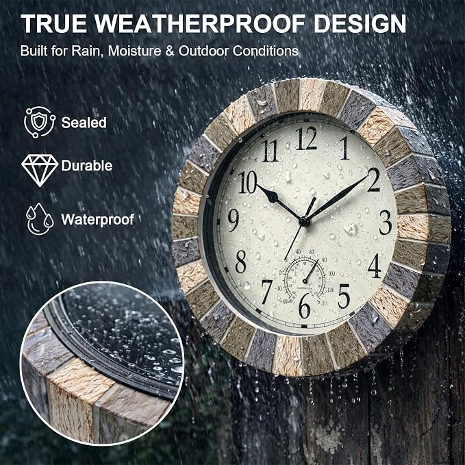 UMEXUS Outdoor Indoor Clock, 13 Inch Waterproof Wall Clocks with Thermometer，Silent Non-Ticking Battery Operated Decor for Patio, Garden, Porch, Pool, Living Room (Marble Gray)