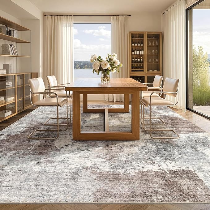 Tortania Washable 5x7 Area Rug for Living Room: Modern Abstract Neutral Large Soft Thin Rugs - Non Slip Indoor Carpet for Bedroom Dining Room Office Nursery Home Floor Decoration - Gray Brown