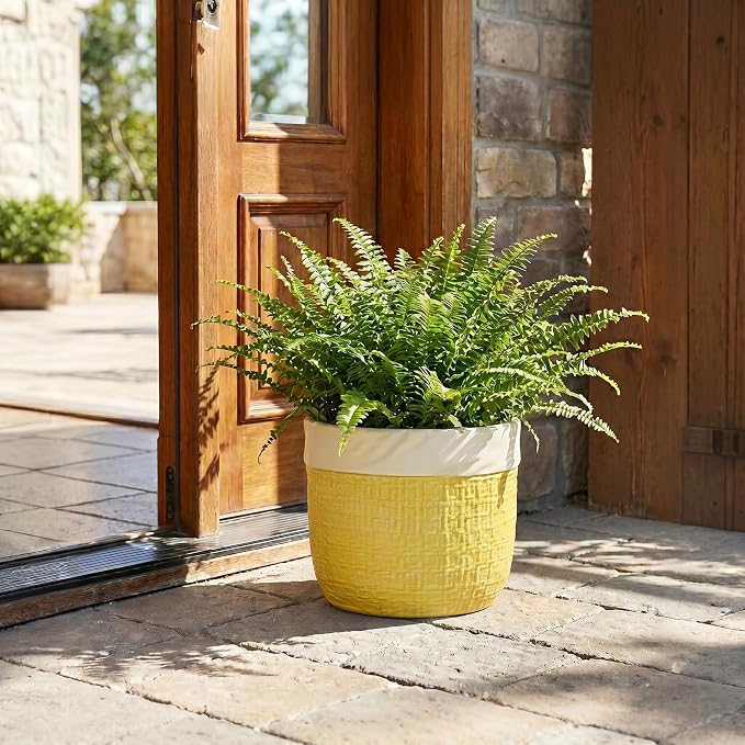 Ceramic Plant Pots - 9.8 Inch Plant Pots for Indoor Plants, Round Planter with Drainage Hole and Plug, Boho Pot for Plants, Decorative Flower Pot, Front Porch Decor, Gardening Gifts, Yellow