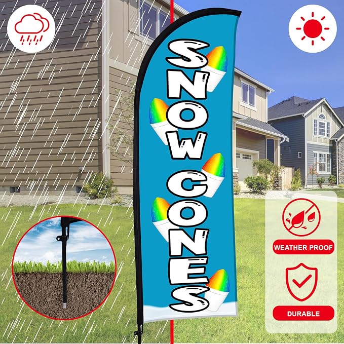 Buryeah 2 Sets Snow Cones Open Feather Flag for Business Advertising 8 ft Feather Flag Sign with Flagpole Ground Stake Portable Bag Snow Cones Banner with Rope for Outside Garden Park Party (Blue)