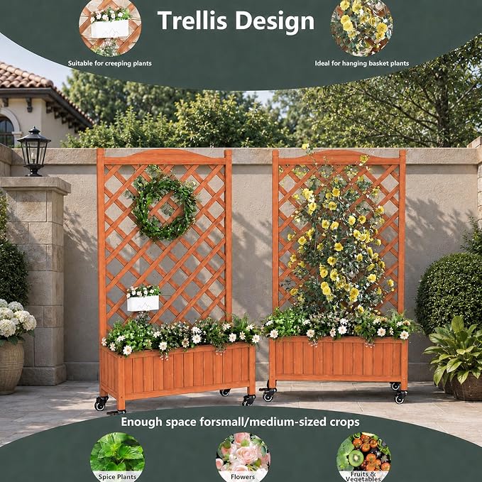 2 Pack Trellis Raised Garden Bed with Wheels, 50" Tall Wooden Planter Box with Trellis, Lattice Privacy Screen with Drainage Holes for Patio Balcony Garden