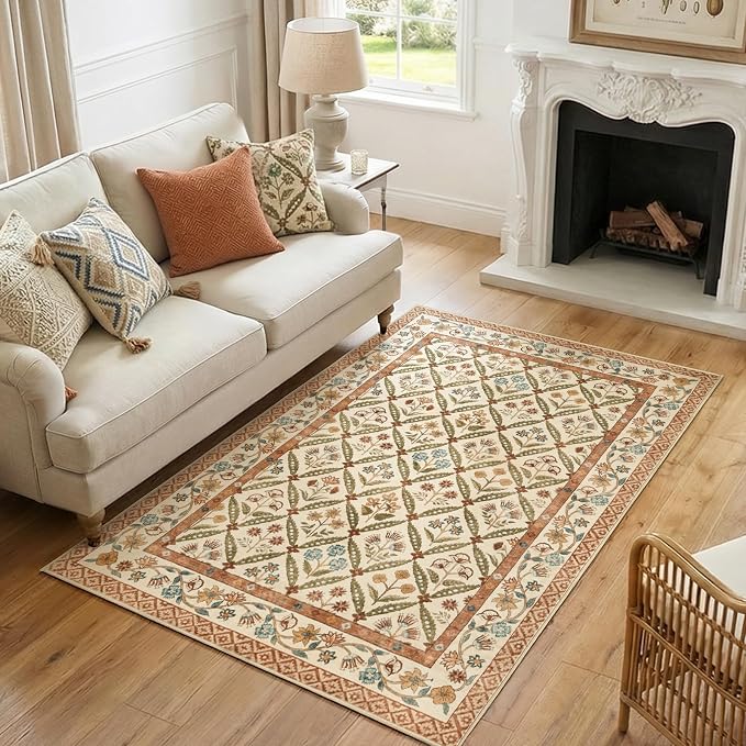jinchan 4x6 Vintage Floral Washable Non Slip Bedroom Area Rug, Terracotta | Soft & Lightweight, Checkered Floral, Low Pile, Bedroom, Kitchen, Girls Dorm, Apartment, Small Living Room, Cottage Decor