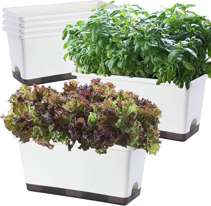 Window Box Planter 6 Pcs, 17 Inches Rectangle Flower Pots with Drainage Holes and Trays, Vegetable Planters for Windowsill Patio Garden Balcony Home Porch Yard Indoor Outdoor (White, 17*7.4*7.8 inch)