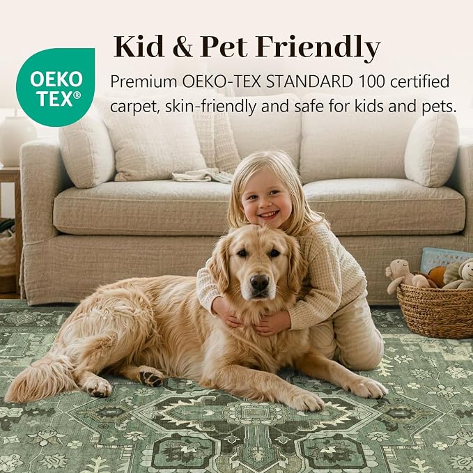 5x7 Ft Area Rugs for Living Room, Soft Non-Slip Machine Washable Rug, Vintage Stain Resistant Carpets for Bedroom Nursery Dining Room Home Decor (Green)