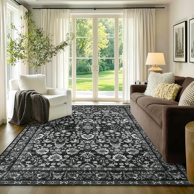 4x6 Ft Area Rugs for Living Room, Soft Non-Slip Machine Washable Rug, Vintage Stain Resistant Carpets for Bedroom Nursery Dining Room Home Decor (Black)