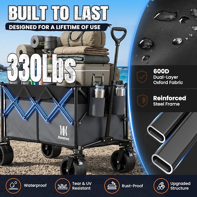 Navatiee 330Lbs Collapsible Folding Wagon, Beach Wagon Cart Heavy Duty Foldable with Big Wheels, Utility Grocery Wagon with 165L Large Capacity for Camping Garden Sports, Gray
