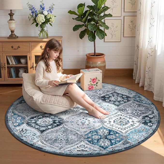 ROYHOME Washable Round Rug 4ft Moroccan Trellis Washable Area Rug | Stain Resistant Non-Slip Circle Rug Vintage Distressed Round Throw Carpet for Living Room Kids Room Playroom, Blue/Grey