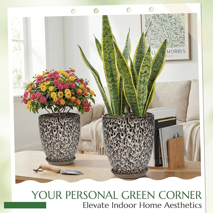9.5 Inch Flower Pots for Indoor Plants,Ceramic Planter with Saucer Drainage Leak-Proof Mesh Gardening Gloves (Spotted White)