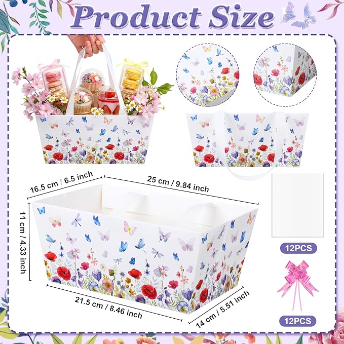 Qinyoung 12 Pack Spring Baskets for Gifts Empty Wildflower Gift Basket with Handles, Pull Bows, Cellophane Bags and Twist Ties for Easter Butterfly Dragonfly Wildflower Party Favor Supplies, 9.8x6.5''