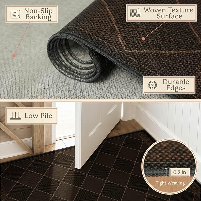 Checkered Easy Jute 3x5 for Porch Rugs Indoor Outdoor Decor, Washable Non Slip Entry Way Front Door Mat Outdoor, Farmhouse Patio Rug, Dark Brown Non Slip Daimond Carpet for Kitchen, Backyard, Laundry
