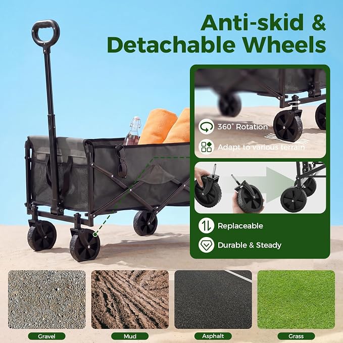 OLIXIS Collapsible Wagon 67L Compact Lightweight Utility Folding Wagon Cart with Wheels – 220 lbs Weight Capacity, Flexible Handle for Beach, Grocery, Camping, Shopping, Sports & Garden, Gray