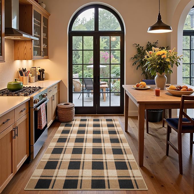 3x5 Plaid Jute Rug, Washable Non-Slip Checkered Rugs, Black/Brown | Washable Jute Area Rug With Non-Slip Backing, Low-Pile Texture, Farmhouse Geometric Pattern In Neutral Brown/Black, Durable