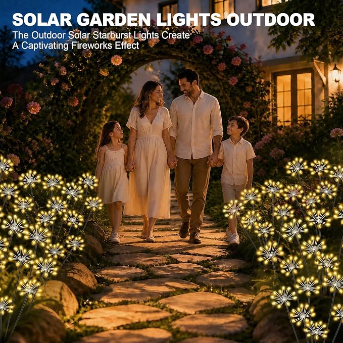 Solar Garden Lights Outdoor, Upgraded Solar Swaying Starburst Light Waterproof with 2 Modes, Solar Fairy Firework Lights for Yard Patio Pathway Flowerbed Balcony Garden Decoration (Warm White, 2 Pack)