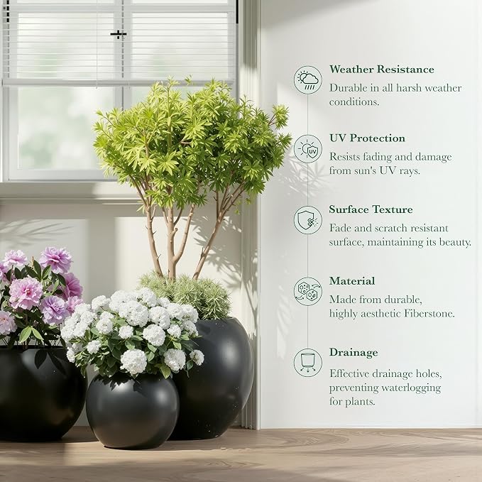 DTY Fiberstone Large Round Planter for Indoor Outdoor Use — Ball Globe Pot for Olive Tree, Monstera & Large Plants, Lightweight, UV Resistant, Drainage Hole, Coco Mat Included, Black, Medium 16.1'' D