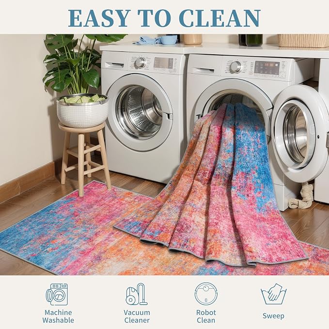 Tangsoo Colorful Abstract 3x5 Washable AreaRug, Modern Non Slip Accent Rugs | Contemporary Indoor Print Carpet, Soft Low Pile Foldable Rugs for Living Room Bedroom Bedside Entryway Orange Pink Home Decor