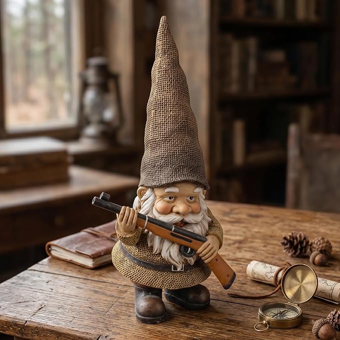 Elenon Garden Gnome Outdoor Statue, 10.6'' High Funny Dwarf with Gun Figurine Decor, Resin Sculpture for Patio Yard Lawn Porch Decoration Ornaments Gift