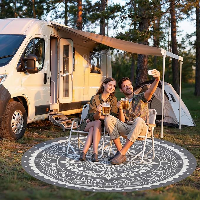 Pauwer Waterproof Outdoor Rug 8ft, Reversible Plastic Straw Patio Camping Rug, Indoor Outdoor RV Mat Carpet for Deck, Camper, Porch, Balcony, Backyard, Picnic, Paisley Grey