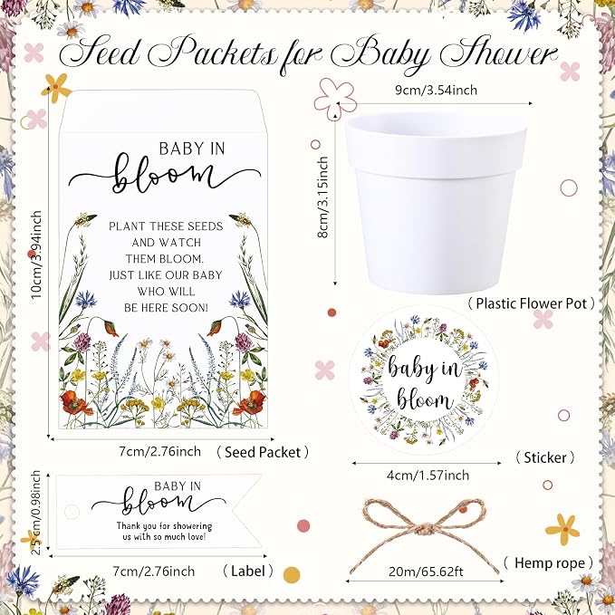 FoldTier 50 Sets Baby Shower Seeds Favors for Guests Mini Plastic Pots Kraft Wildflowers Envelopes with Thank You Tags, Stickers, Organza Bags, Baby in Bloom Party Favors (No Seed)