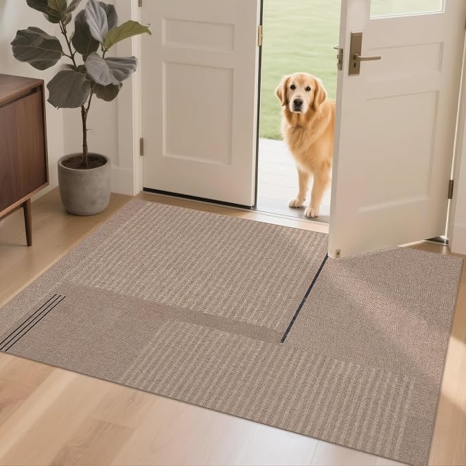 Easy Jute Rug 3x5 Outdoor: Natural Area Rugs for Patio Linen-Look Fabric Durable - Neutral Washable Carpet Mat for Entryway Bedroom Kitchen Non-Slip - Beige Woven