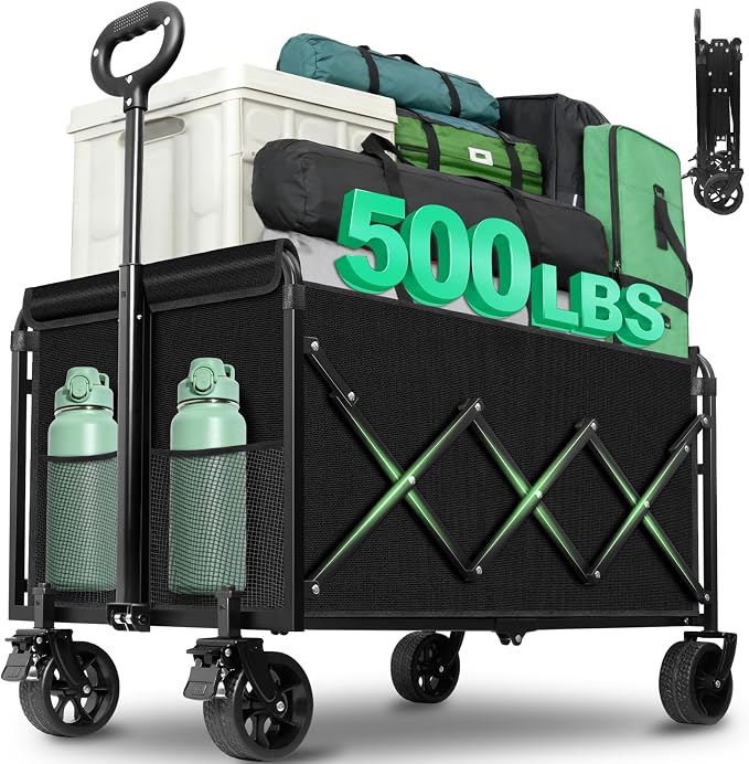 Collapsible Wagons Carts Foldable Heavy Duty, 500LBS Collapsible Wagon Cart Foldable with Wheels & Brakes, Large Folding Wagon Cart Utility for Camping, Picnic, Beach, Grocery, Sport, Shopping