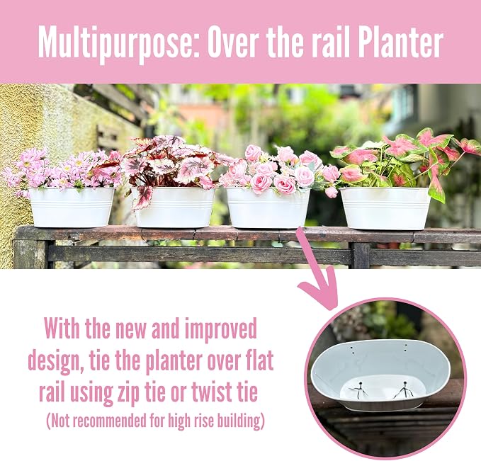 LaLaGreen Planter Boxes for Outdoor (2 Pack, 17 Inch) White Metal Deck Railing Hanging Flower Pots, Large Window Box Plant Holder Hooks Fence Rail Bucket Outside Boho Style Wall Mount Porch Herb Decor
